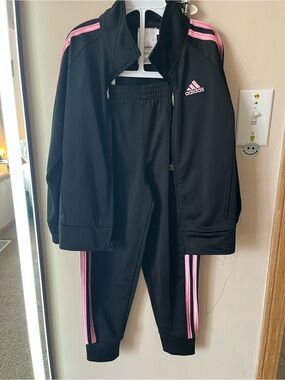 Girls Pink Adidas Kids Black Track Jacket & Pants Set with Pink Stripes
